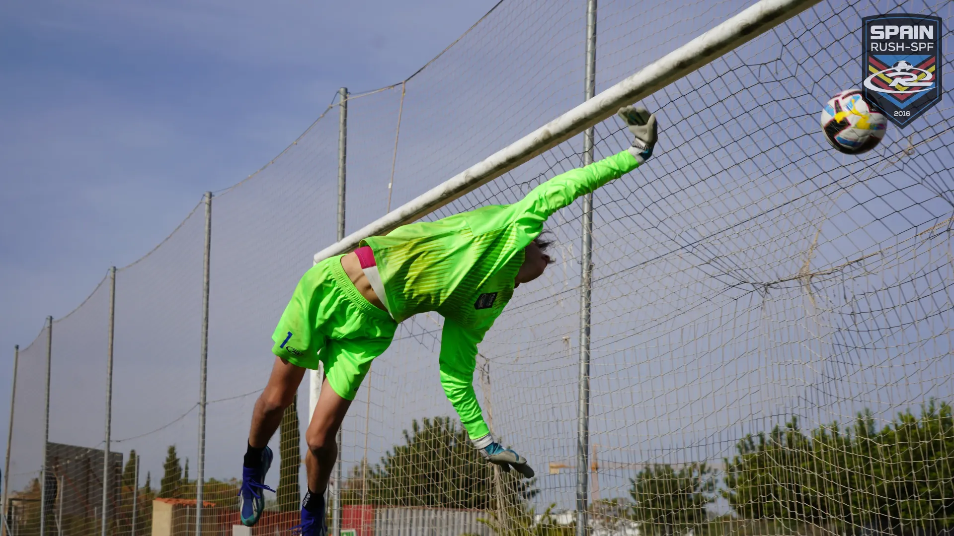 A soccer goalie is jumping in the air to catch a soccer ball.