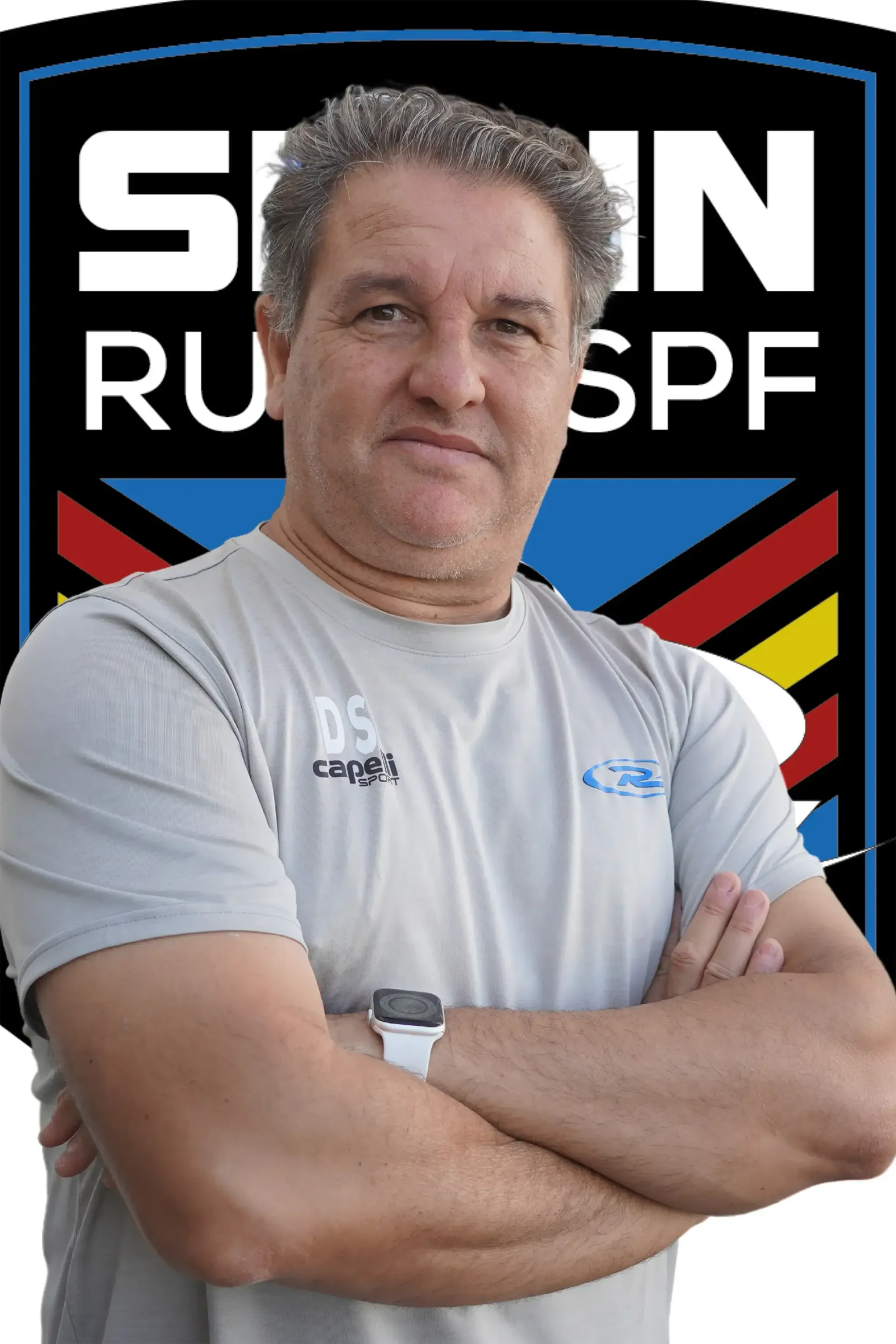 David Sanz with his arms crossed in front of a  Spain Rush-SPF logo