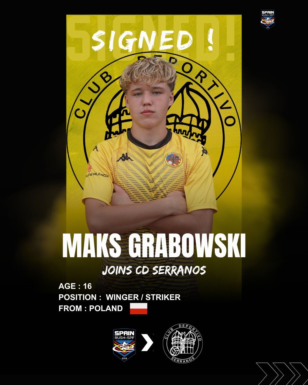 Soccer signing announcement: 16-year-old Maks Grabowski joins CO Serranos. Yellow jersey, Poland flag, 