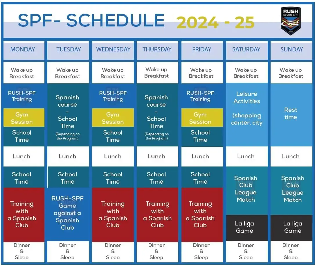 A schedule for the Spain Rush-SPF school year 2024-25 is shown