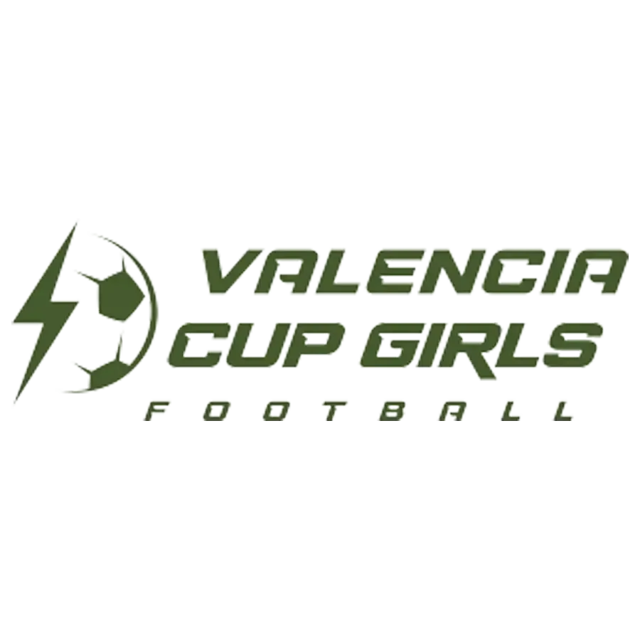 A logo for valencia cup girls football with a soccer ball and lightning bolt.