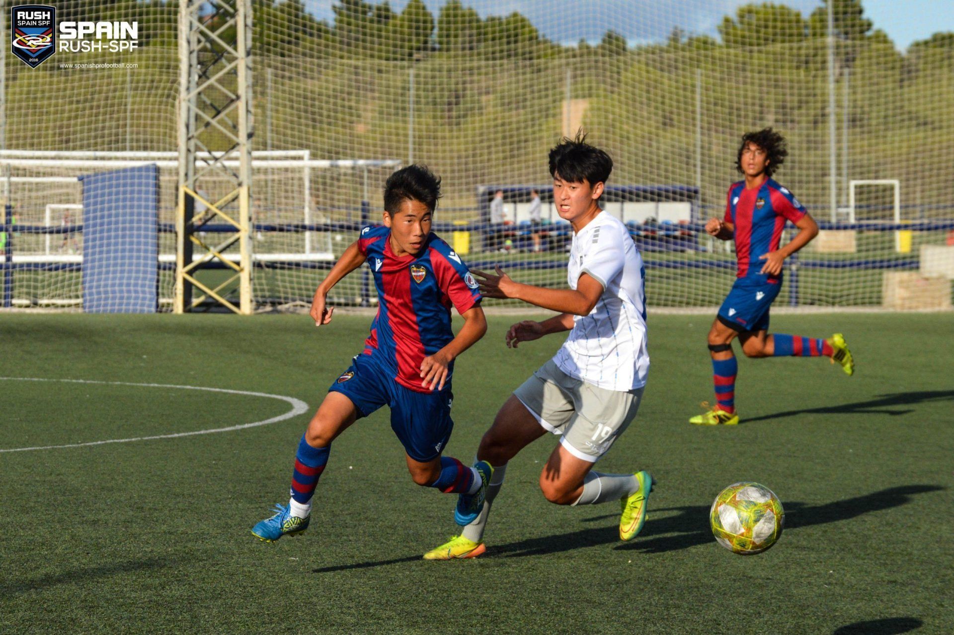 A group of young men are playing soccer on a field.