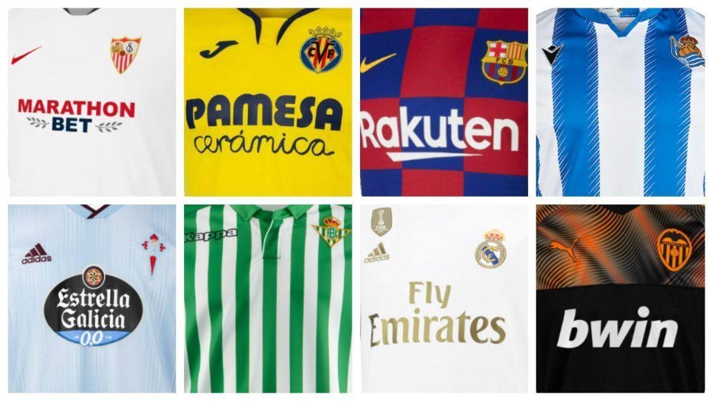 A collage of eight soccer jerseys with different sponsors on them