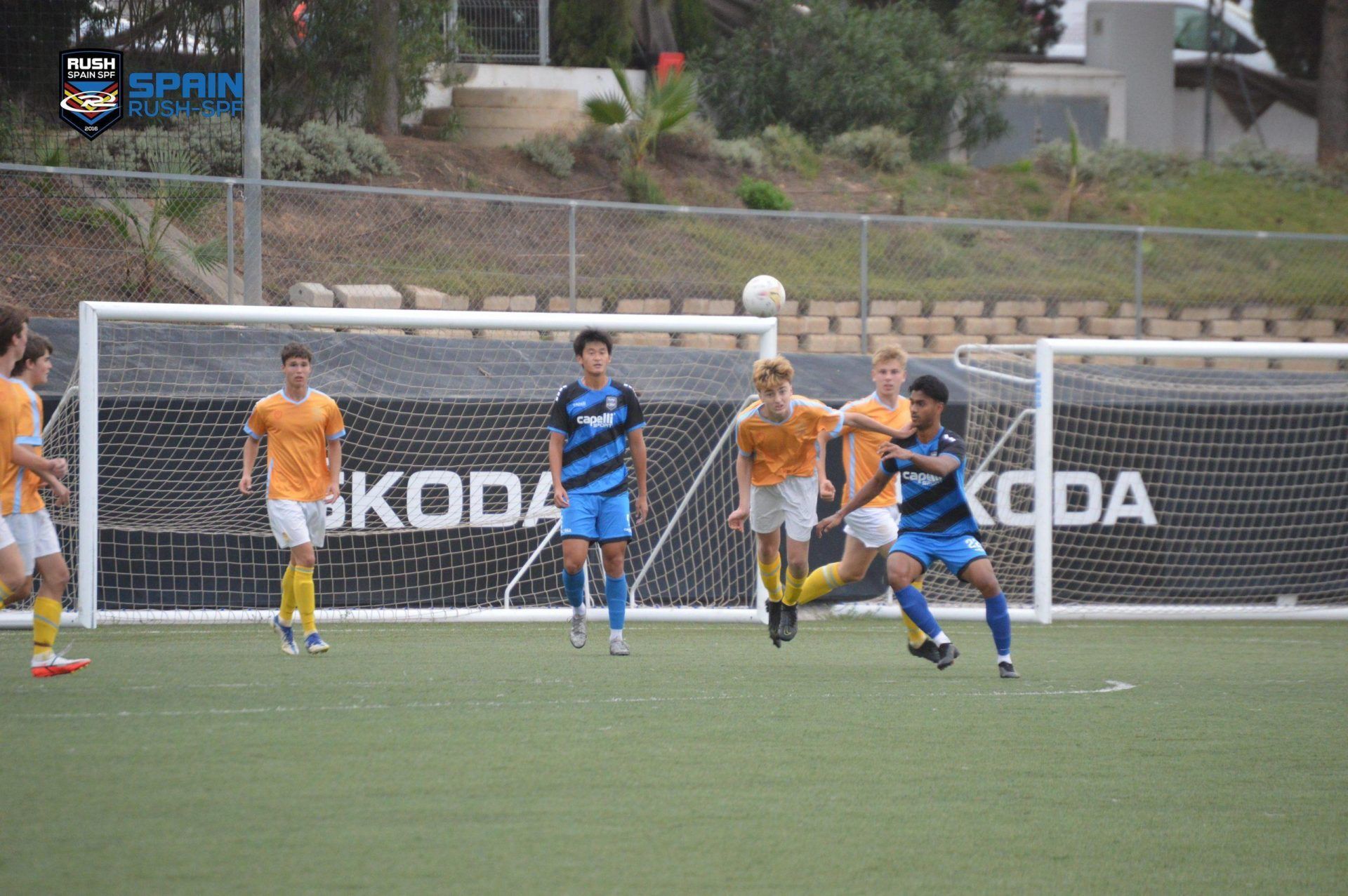 A group of young men are playing soccer on a field.