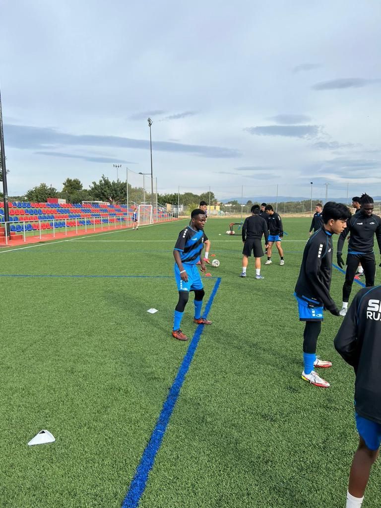 A group of soccer players are standing on a field.