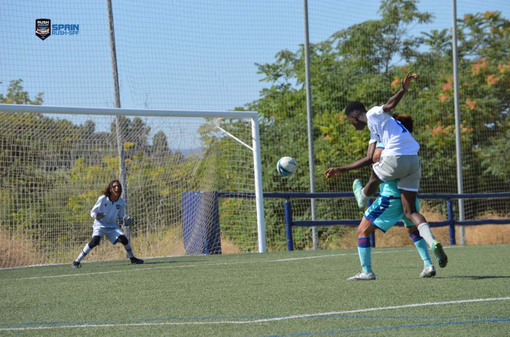 A group of people are playing soccer on a field.