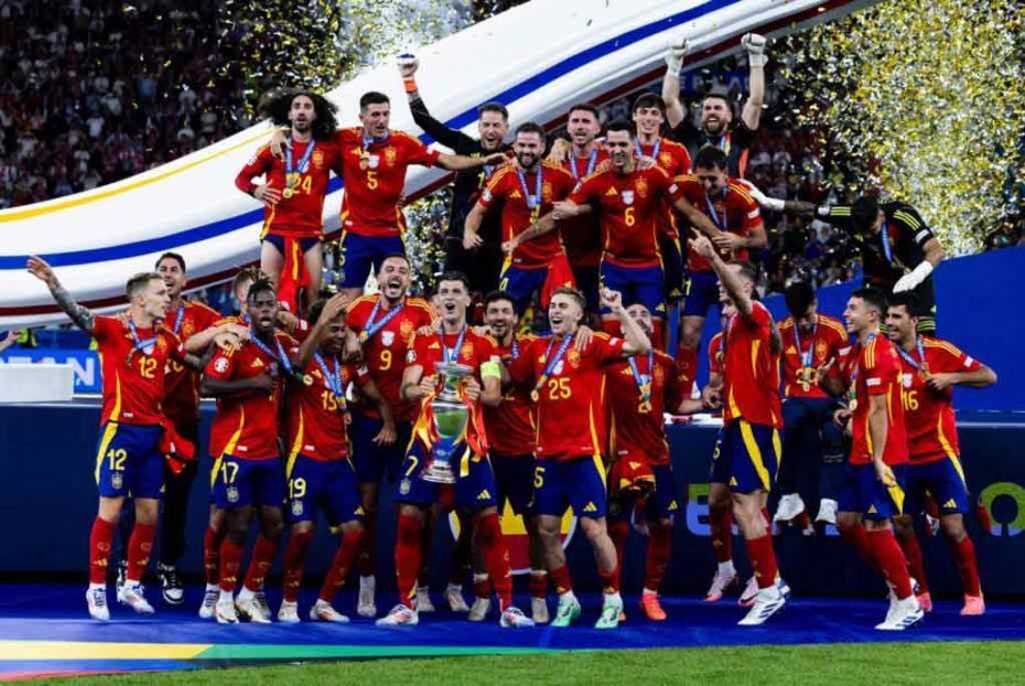 Men's Spanish National Team holding the trophy and celebrating winning Euro 2024