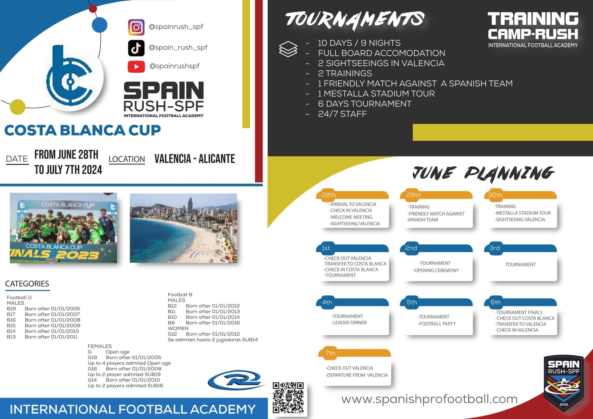 A flyer for the Spain Rush-SPF Costa Blanca Cup tournament package