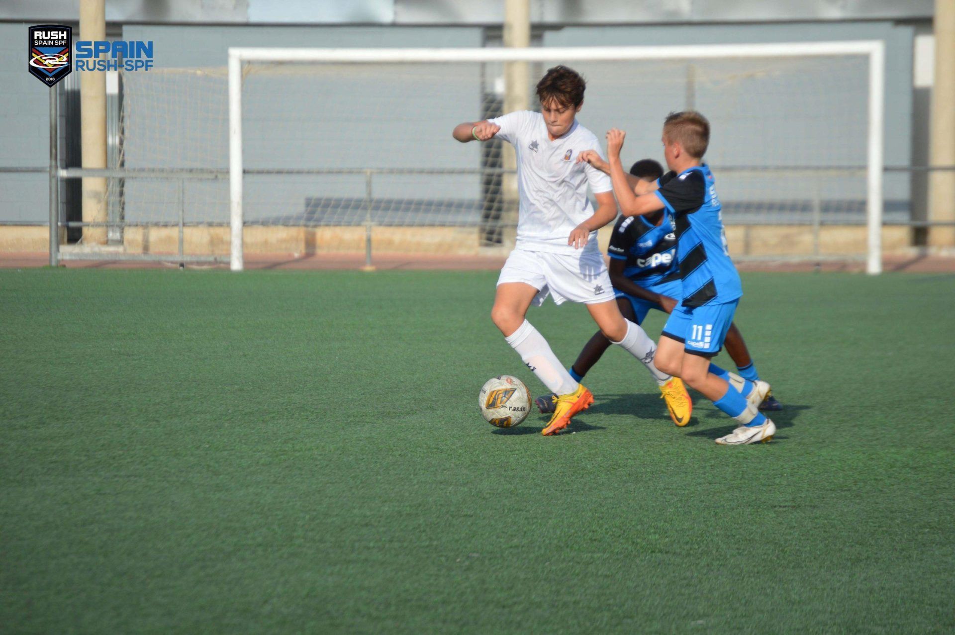 A group of young boys are playing soccer on a field.