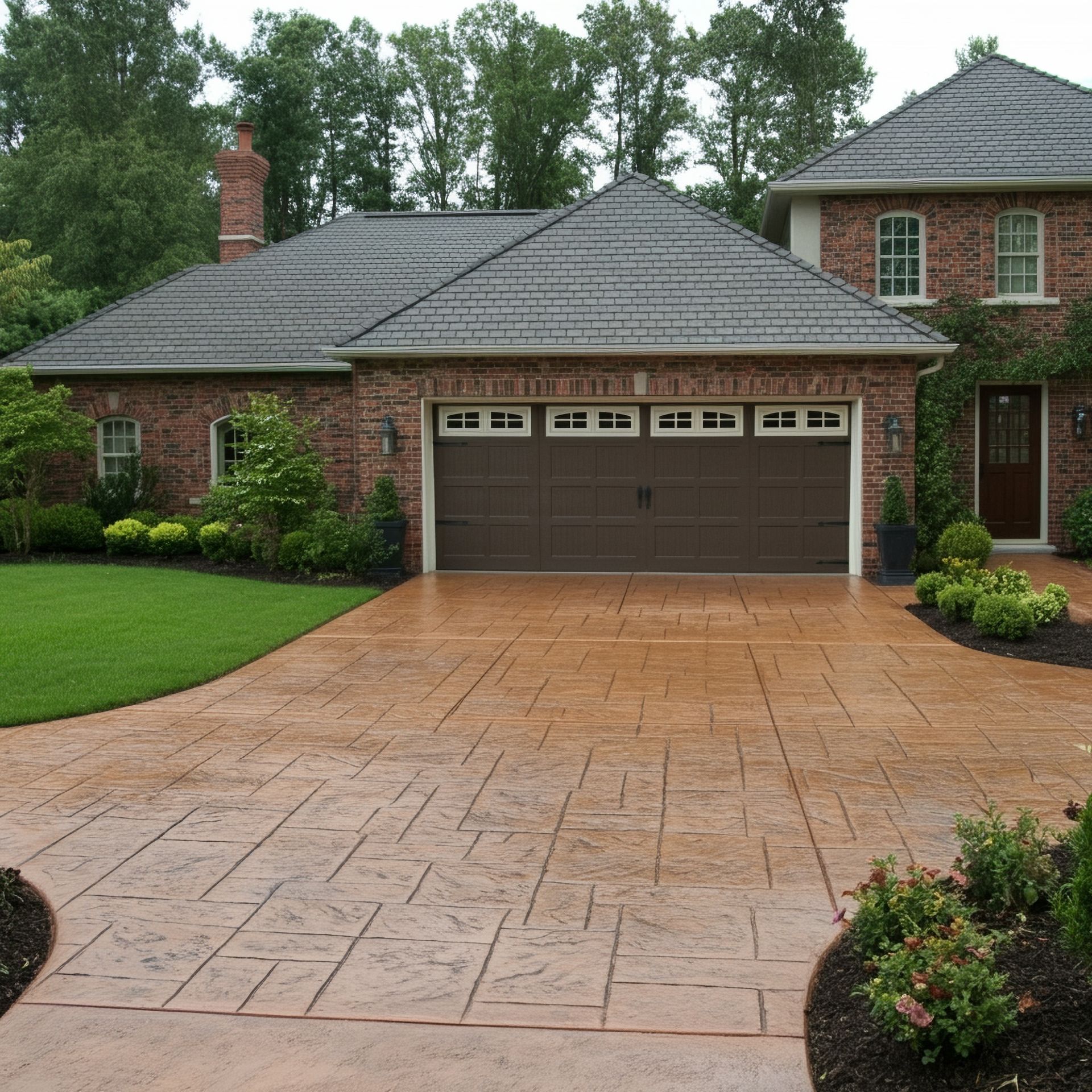 Brick-paved walkway between townhouses with bushes and mailboxes on either side, leading to a street view.