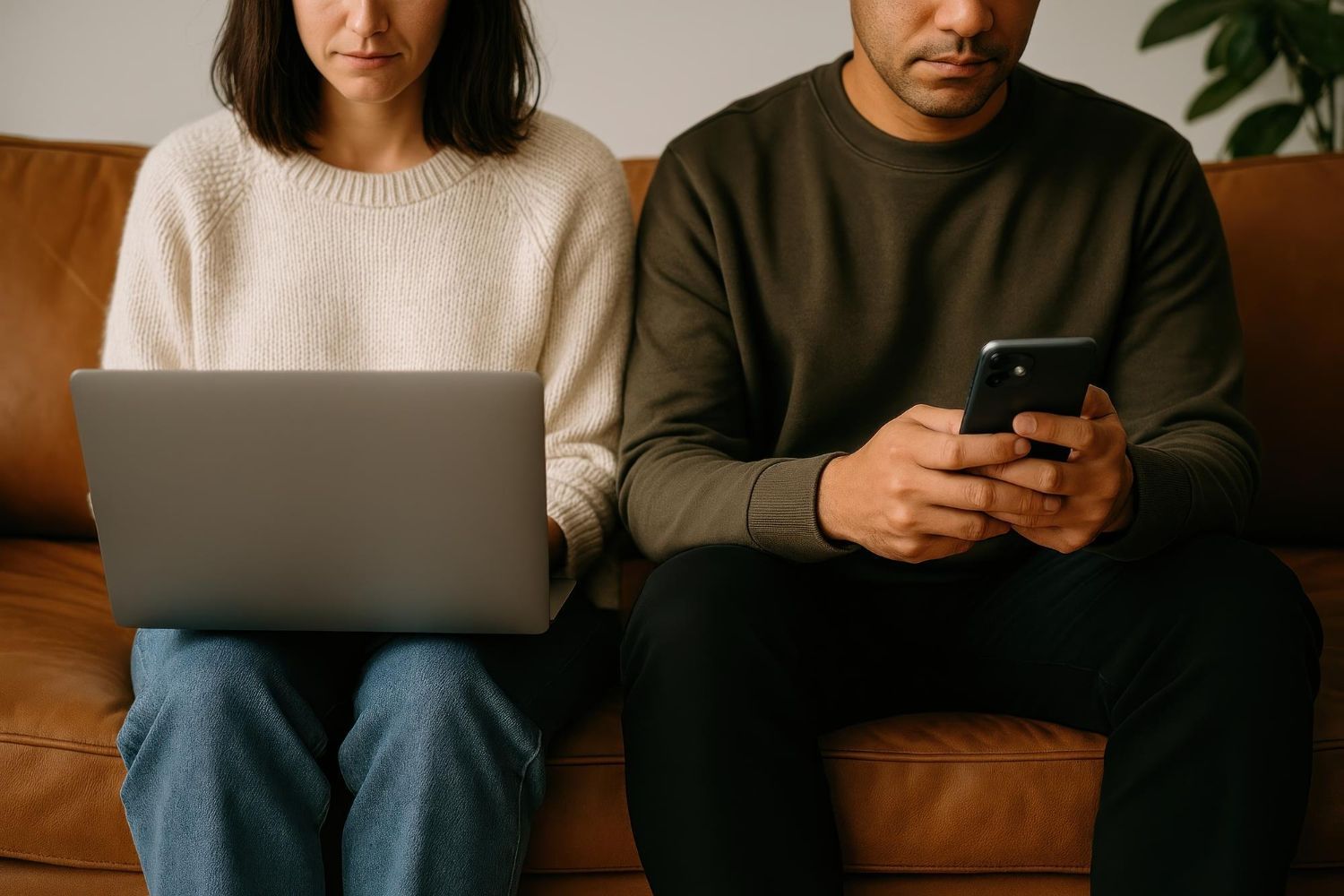 Person using a laptop next to another person using a smartphone on a brown couch.