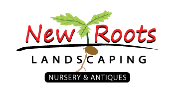 The logo for new roots landscaping nursery and antiques