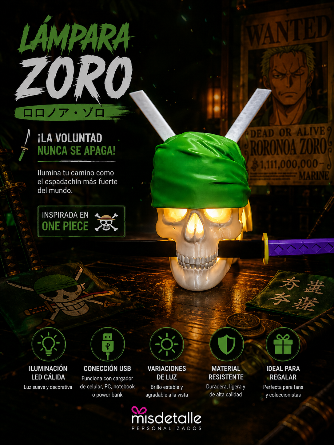 ?☠️ Lámpara 3D Calavera de Zoro – One Piece