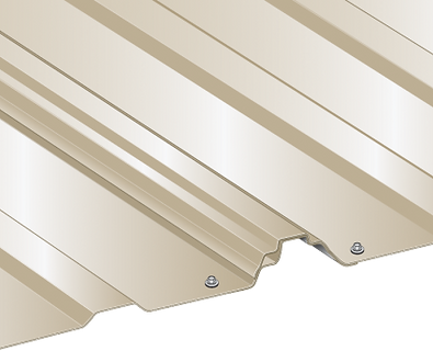 Tan corrugated metal roofing panels with visible screws.