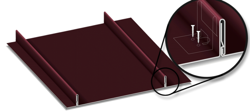 Metal roofing panel with a close-up of the interlocking edge with screws.