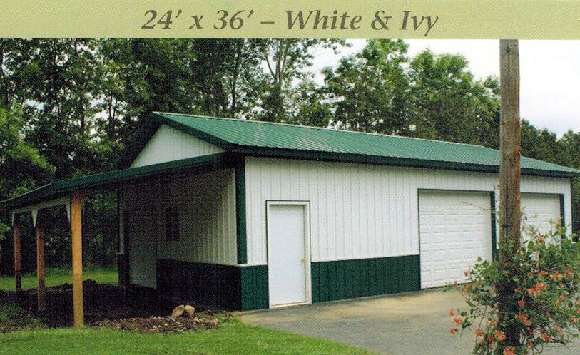 White and green metal garage with a covered porch; dimensions are 24' x 36'.