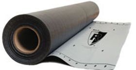 Roll of black roofing underlayment with a white backing and a logo.
