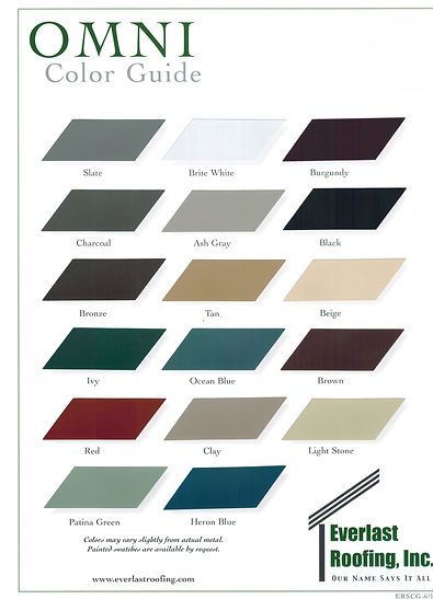 Omni Color Guide showcasing roofing colors like slate, white, burgundy, and ivy.