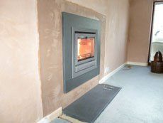 fireplace stove lit with fire