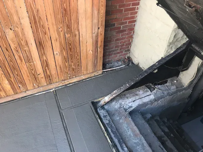 Newly poured gray concrete surface next to a wooden door and descending basement stairs.