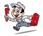 A cartoon plumber is running with a wrench and a toolbox.