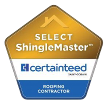 A pentagonal gold, white, and blue logo for a CertainTeed SELECT ShingleMaster roofing contractor.