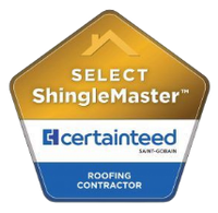 A pentagonal gold, white, and blue logo for a CertainTeed SELECT ShingleMaster roofing contractor.