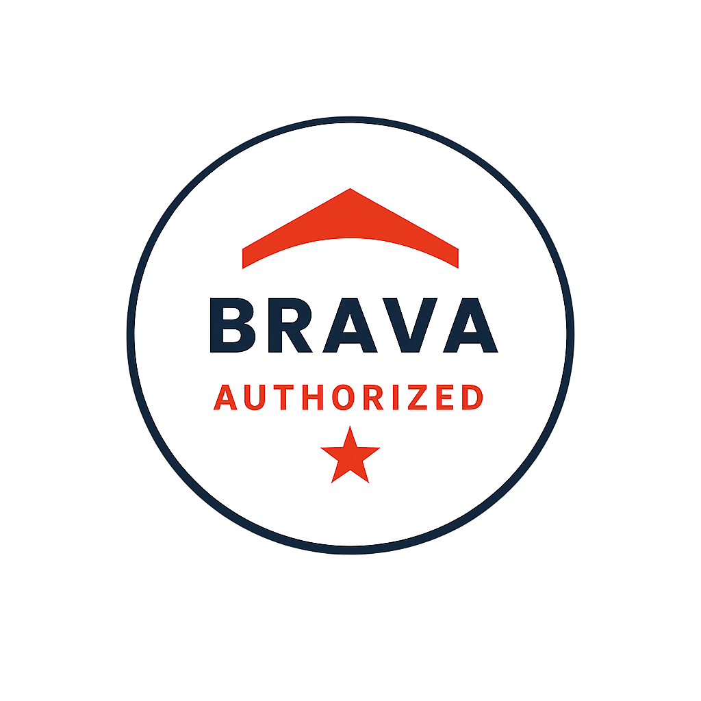 A circular badge with a dark blue outline, reading 