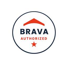 A circular badge with a dark blue outline, reading 