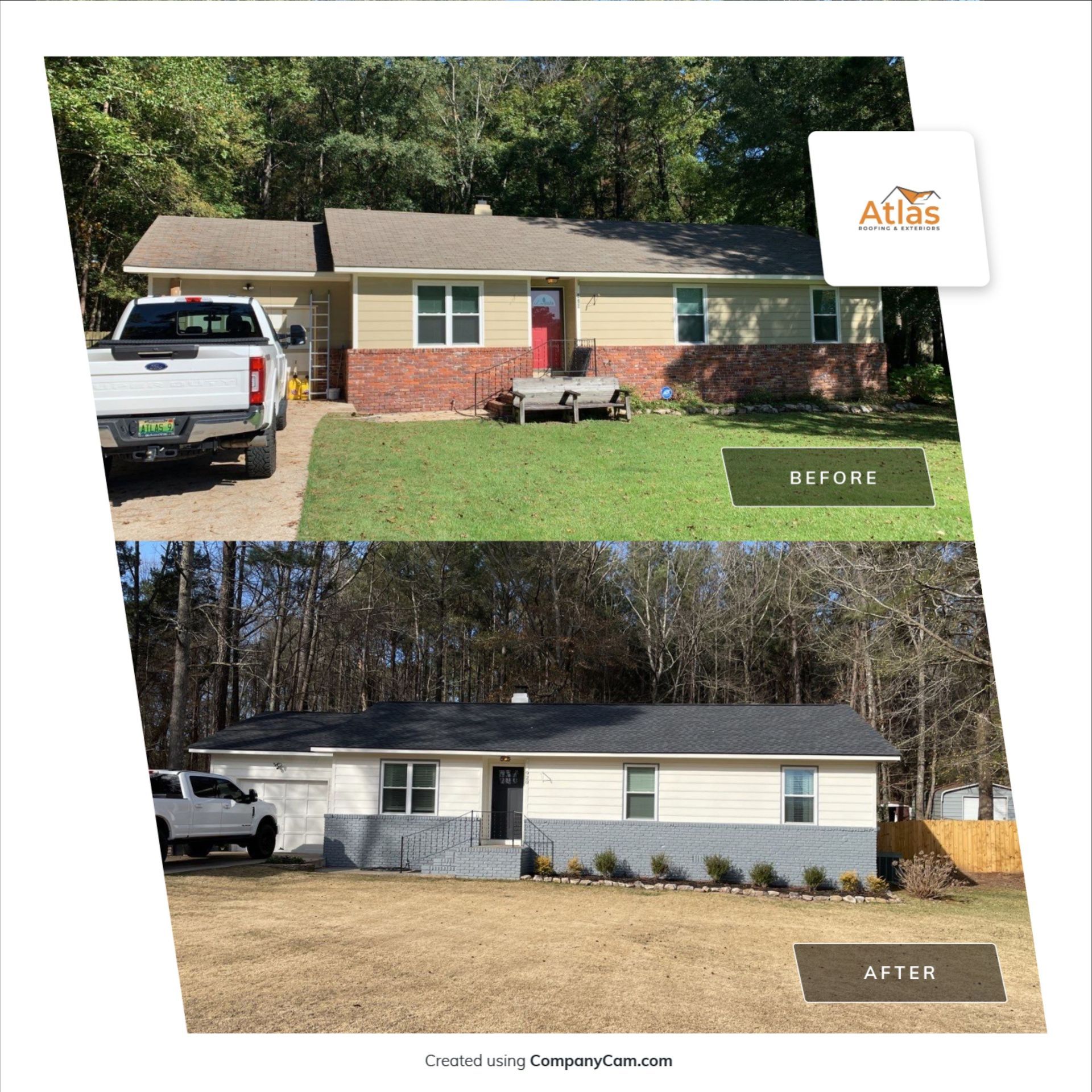 Before-and-after photo of a house renovation with new siding, a painted brick base, and a new roof.