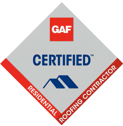 Diamond-shaped logo: GAF Certified Residential Roofing Contractor, featuring a blue roof icon on a light gray background.