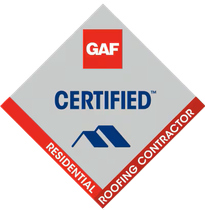 Diamond-shaped logo: GAF Certified Residential Roofing Contractor, featuring a blue roof icon on a light gray background.