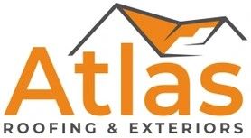 The logo for Atlas Roofing & Exteriors features the orange word "Atlas" with a stylized orange roof icon above it.