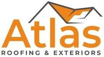 The logo for Atlas Roofing & Exteriors features the orange word "Atlas" with a stylized orange roof icon above it.