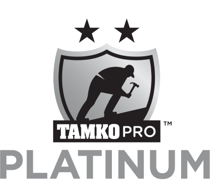 TAMKO PRO Platinum logo featuring a worker with a hammer inside a shield, two stars above, and text below.