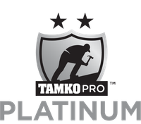 TAMKO PRO Platinum logo featuring a worker with a hammer inside a shield, two stars above, and text below.