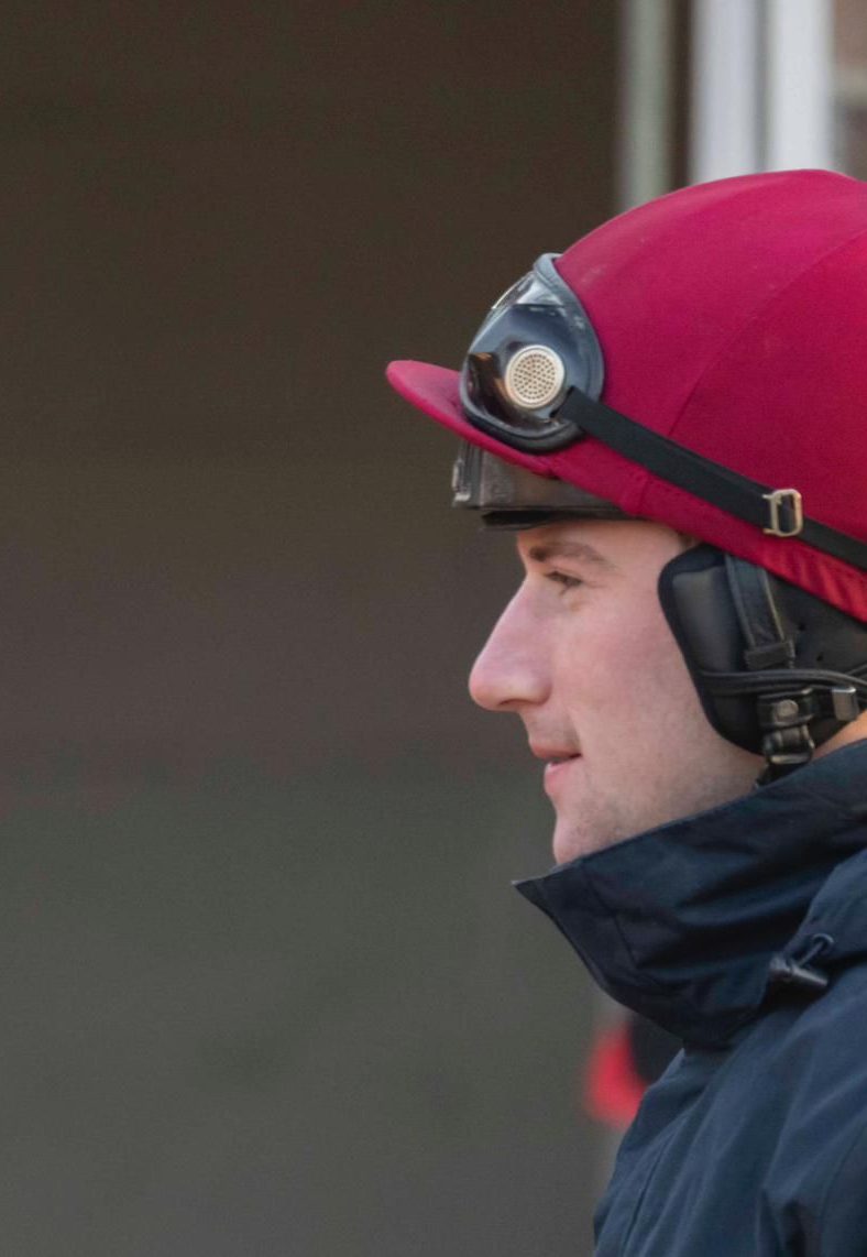 Woman with blonde hair smiles, holding a bay horse in Nick Scholfield's stable.