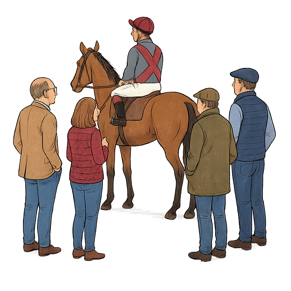 Nick Scholfield Syndicate Logo Jockey atop a brown horse, surrounded by a group of people in casual attire, likely before a race.
