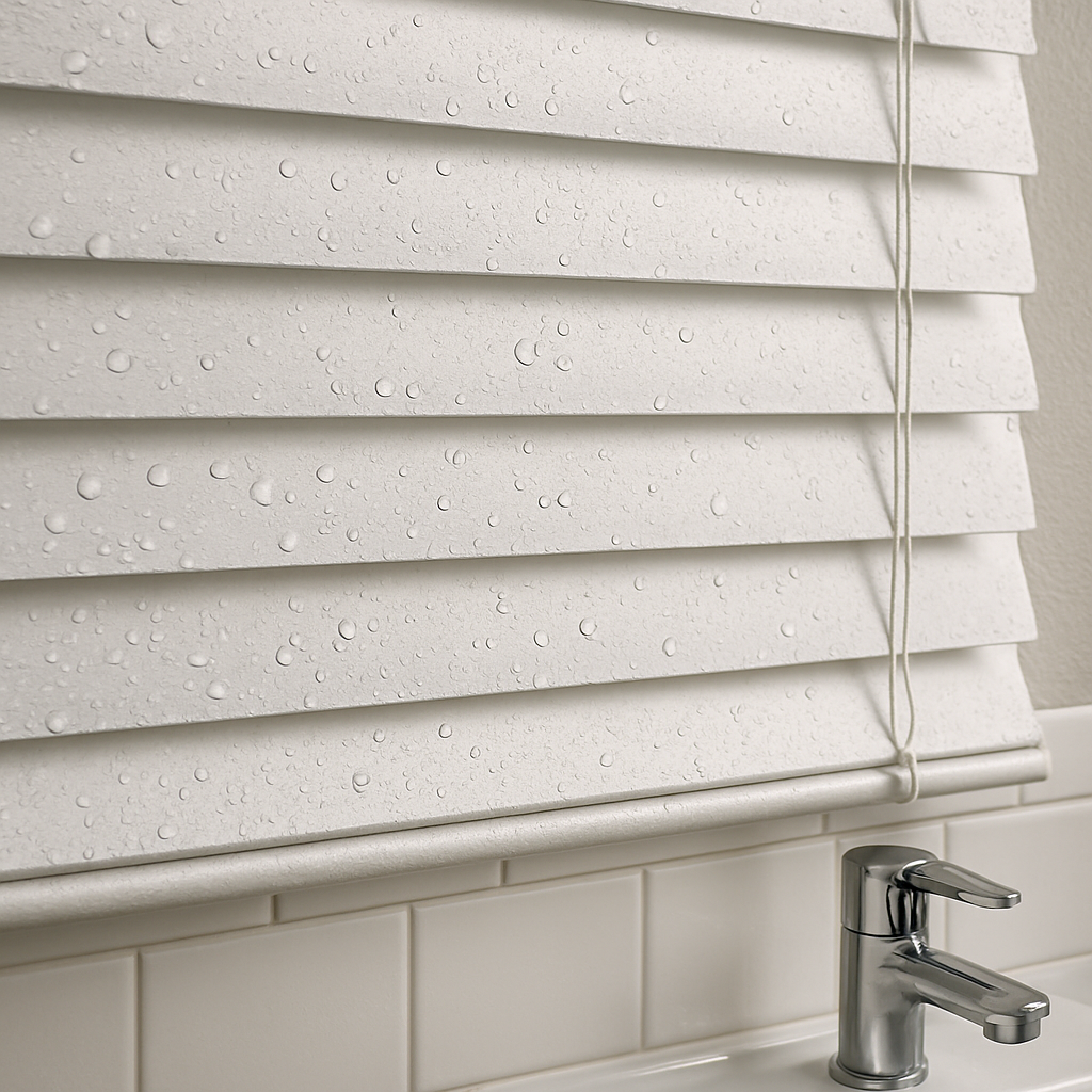 A close-up of a moisture-resistant faux wood blind in a bathroom setting.