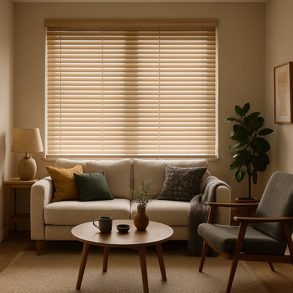 Cozy living room with sofa, wood blinds, small table, plants, and armchair.