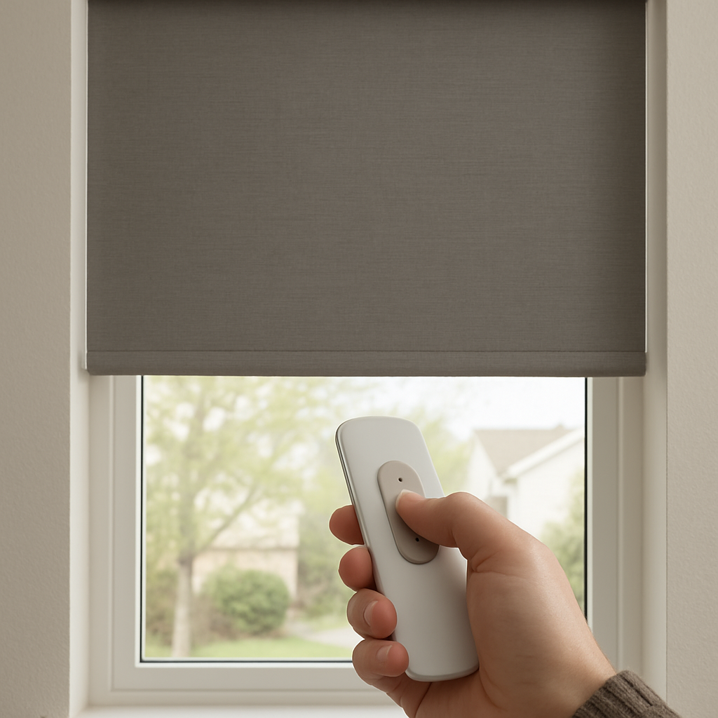 A person using a remote control or smartphone to lower a motorized shade.