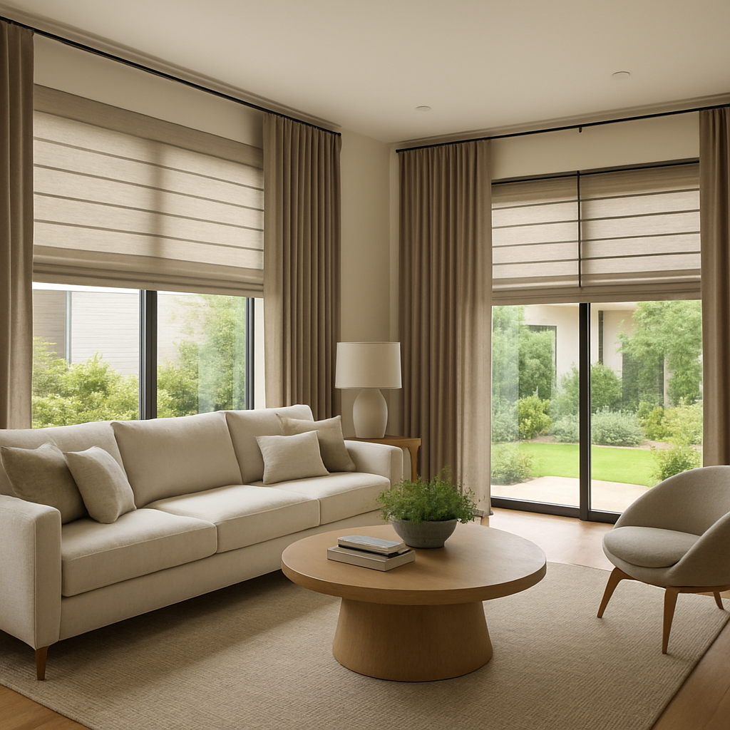 A beige living room with a sofa, round table, and a chair near a window with Roman shades and neutral curtains.