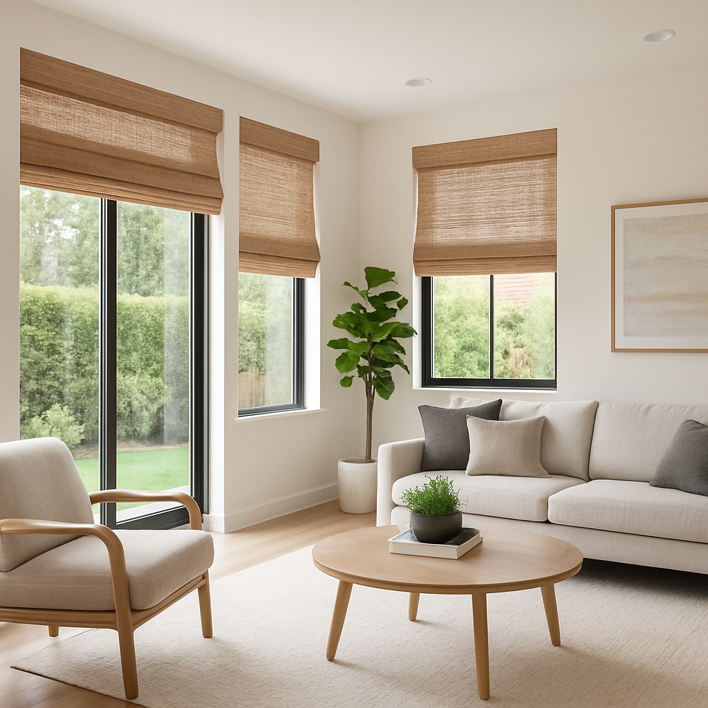 Living room with beige sofa, chair, coffee table, and windows with woven shades; a plant stands nearby.