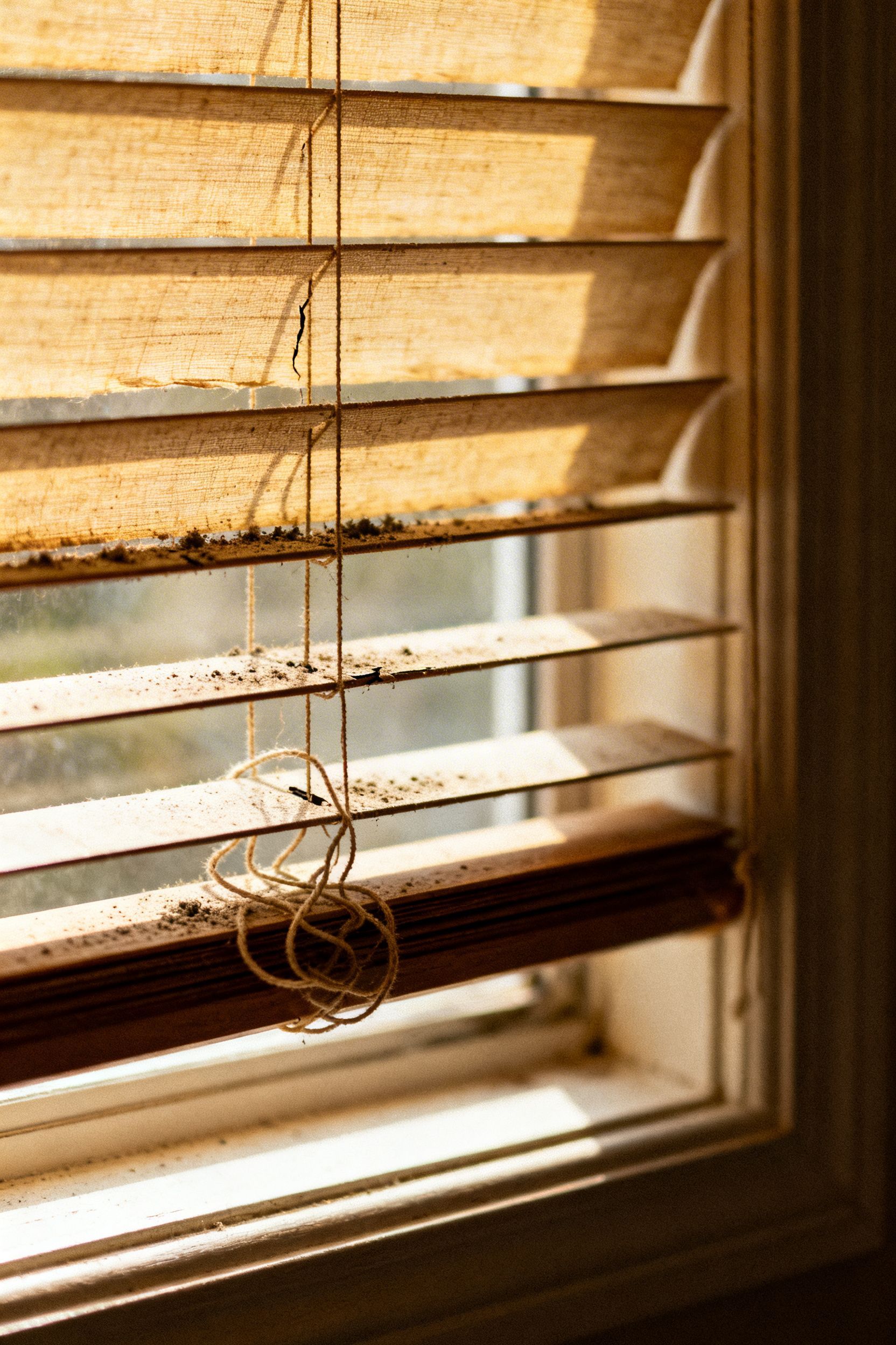 Sunlight streams through dusty, partially open wooden blinds in a window that needs to be replaced.