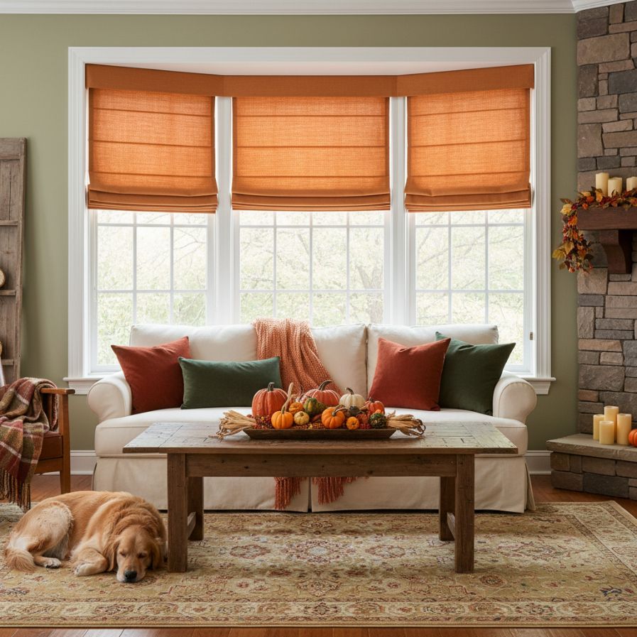 Window with orange curtains, fall decor, including vases of autumn leaves and pumpkins, and a cozy blanket.