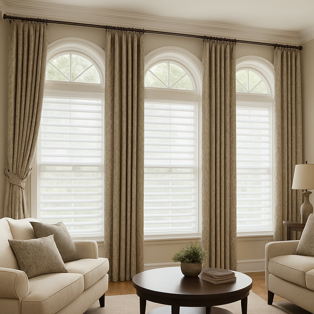 Living room with three arched windows, beige curtains, and light-colored furniture.