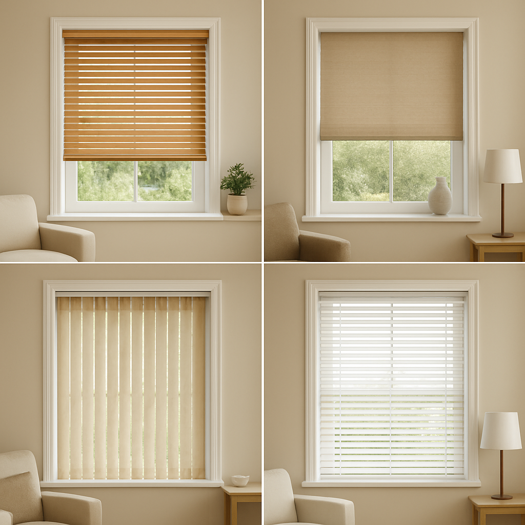 Four windows with different types of blinds: wood, roll-up, vertical, and horizontal slats, in a living room.