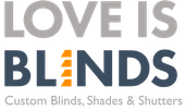 The logo for love is blinds custom blinds , shades and shutters