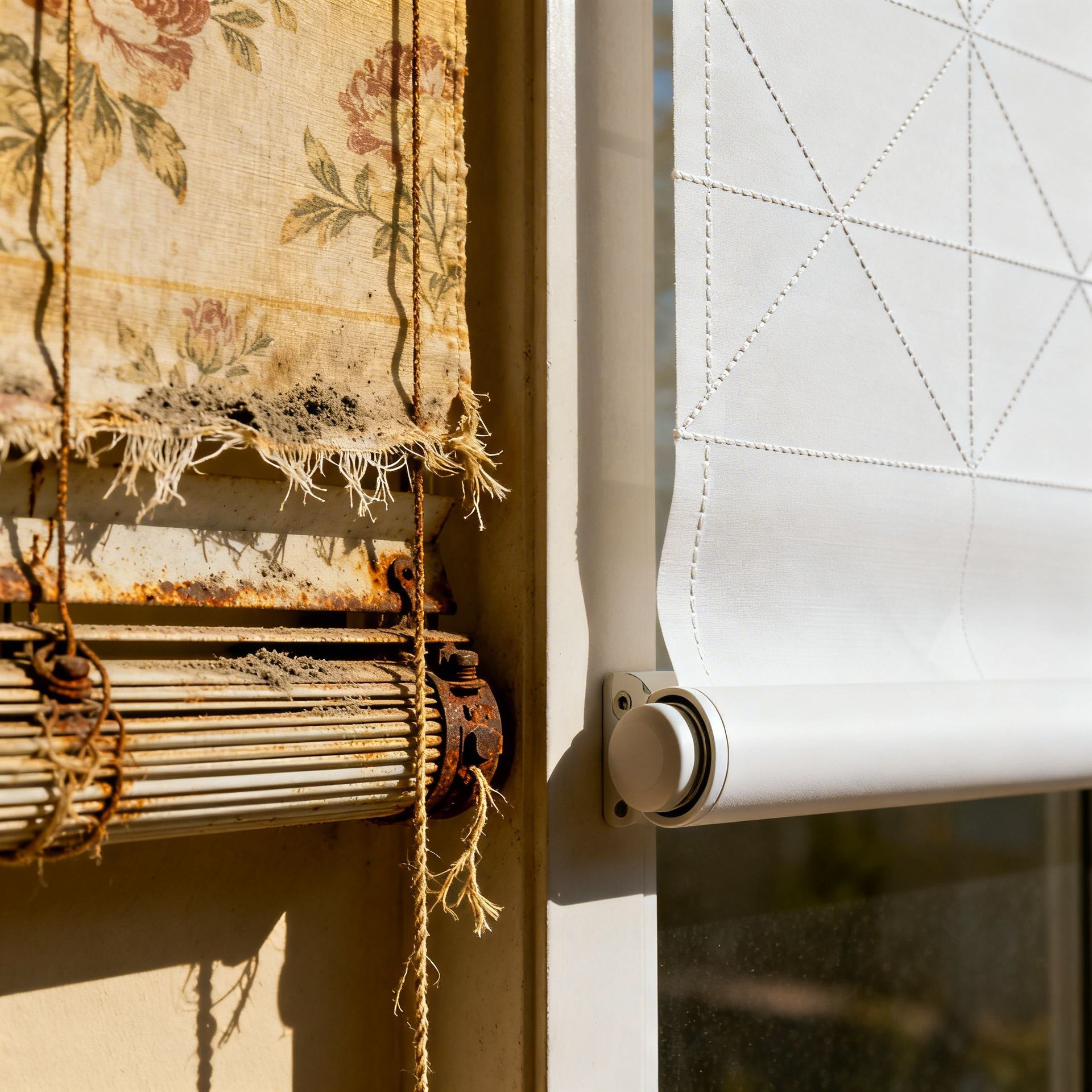 Side-by-side comparison showing dated blinds versus modern window treatments