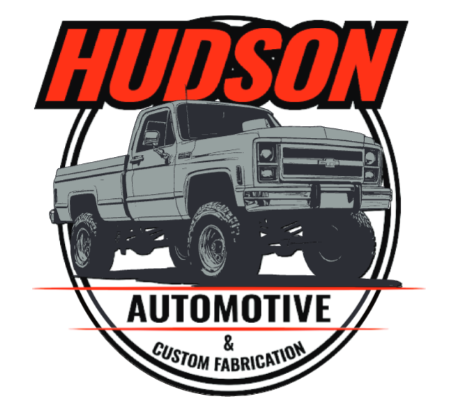 Logo for Hudson Automotive with a truck inside a circle. The logo also reads 'Automotive & Custom Fabrication'.